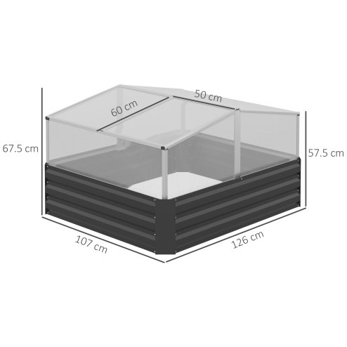Outsunny Galvanised Raised Garden Bed with Greenhouse and Openable Cover, Metal Outdoor Planters for Vegetables, Flowers and Herbs, for Patio and Garden, 126 x 107 x 67.5cm, Dark Grey