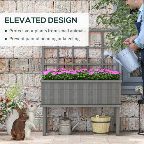 Outsunny Wooden Raised Planter with Trellis for Vine Climbing Plants, Elevated Garden Bed with Drainage Holes and Bed Liner for Vegetables, Flowers, Herbs, 105 x 45 x 140cm, Grey