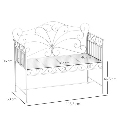 Outsunny Garden 2 Seater Metal Bench Park Seating Outdoor Furniture Chair w/ Decorative Backrest White