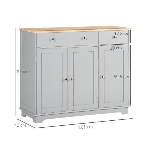 HOMCOM Modern Sideboard with Rubberwood Top, Buffet Cabinet with Storage Cabinets, Drawers and Adjustable Shelves for Dining Room, Kitchen, Grey