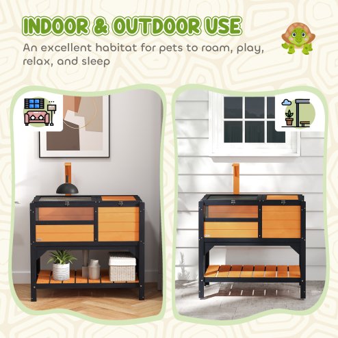 PawHut Tortoise House w/ Shelf, Small Pet Reptile Wooden House w/ Hide Shelter Den and Run, Lamp Holder, Tray, for Indoors, Outdoors - Yellow