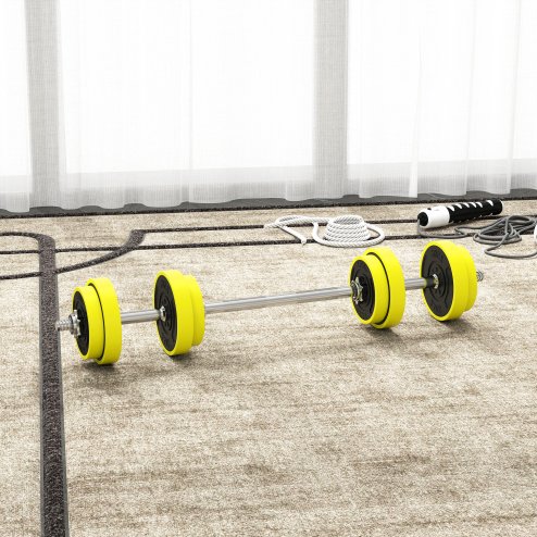 HOMCOM 20KGS 2-In-1 Dumbbell & Barbell Adjustable Set Strength Muscle Exercise Fitness Plate Bar Clamp Rod Home Gym Sports Area, Yellow