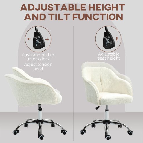HOMCOM Office Chair, Teddy Fleece Swivel Computer Desk Chair, Makeup Vanity Seat with Adjustable Height for Home Study Bedroom, Cream White