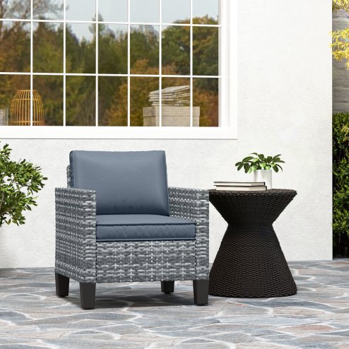 Outsunny Single Seater Rattan Garden Armchair, PE Wicker Rattan Chair with Armrests and Cushions, Garden Chair with Galvanised Steel Frame for Conservatory, Porch, Light Grey