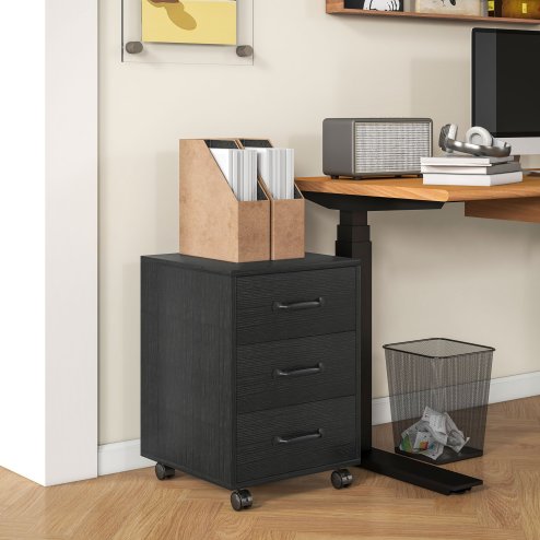 HOMCOM 3-Drawer Filing Cabinet, Mobile File Cabinet for Home Office, Small Rolling Filing Cabinet, Printer Stand, Under Desk File Cabinet for A4, Letter-Size Files, Black Wood Grain