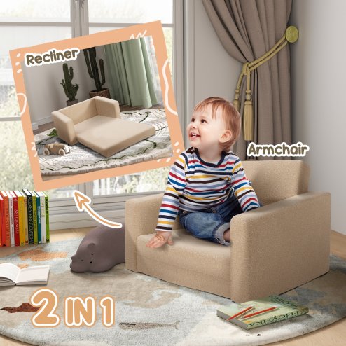 AIYAPLAY Toddler Sofa, Kids Sofa Bed, 2 in 1 Recliner Foldable Kids Armchair with Washable Cushion, Cover, for 1.5-3 Years Old, One Seater, Khaki