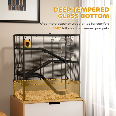 PawHut Hamster Cage with Deep Tempered Glass Bottom, 4 Tier Large Hamster Tank with Hut, Running Wheel, Platforms, Ramps, Food Dish, Water Bottle, for Syrian, Dwarf, Rats, Gerbils, 78.5 x 48.5 x 80cm