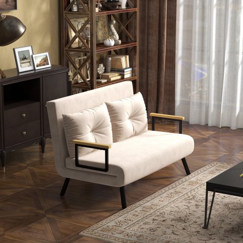 HOMCOM 2 Seater Sofa Bed, Click Clack Convertible Bed Settee, Modern Velvet Feel Fabric Sofa Couch with 2 Tufted Cushions, Wood Armrests for Living Room, Bedroom, Guest Room