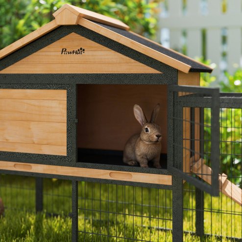 PawHut Rabbit Hutch Outdoor, Wooden Guinea Pig Hutch with Steel Run, Removable Leak Proof Tray, Water-Resistant Roof, Ramp, Small Animal House for 2-3 Bunnies, Guinea Pigs, 217 x 53 x 86 cm