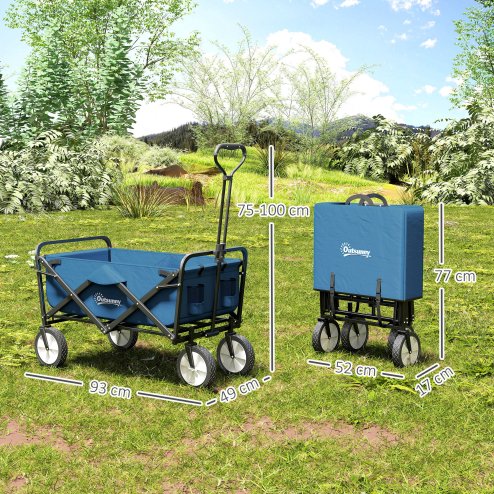 Outsunny 90L Festival Trolley on Wheels, Folding Camping Trolley Cart with Adjustable Handle, Portable for Outdoor, Garden, Shopping, Fishing, Navy Blue