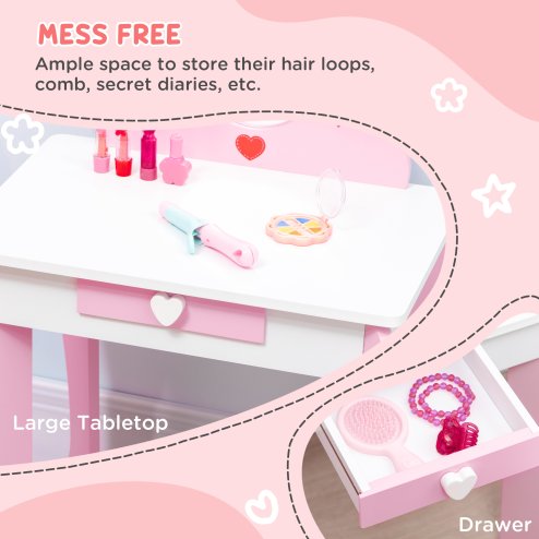 ZONEKIZ Kids Dressing Table with Mirror and Stool, Vanity Set w/ Love Heart and Bow Design, Girl Makeup Desk w/ Drawer, for Ages 3-6 Years - Pink