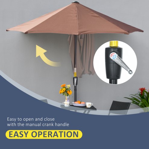 Outsunny 2m Half Parasol Market Umbrella Garden Balcony Parasol with Crank Handle, Cross Base, Double-Sided Canopy, Coffee