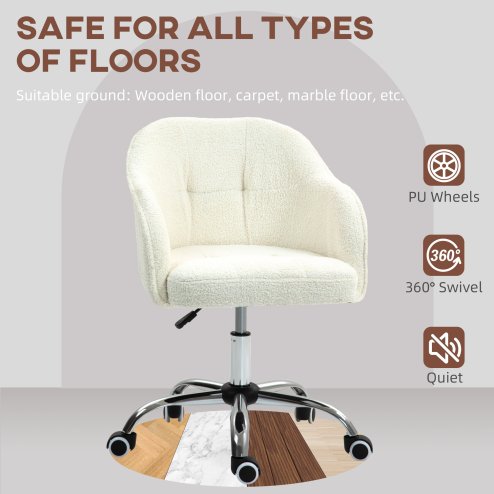 HOMCOM Office Chair, Teddy Fleece Swivel Computer Desk Chair, Makeup Vanity Seat with Adjustable Height for Home Study Bedroom, Cream White