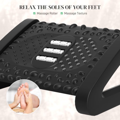 HOMCOM Foot Rest Under Desk, 6 Height Adjustable Footrest with Massage Texture and Rollers, Non-Slip Office Footstool for Under Desk, Black