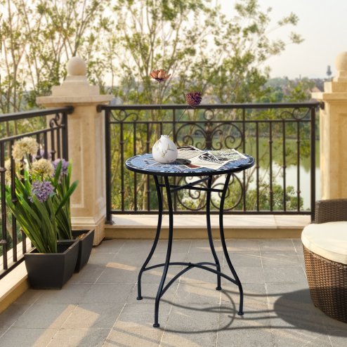Outsunny 60 cm Mosaic Garden Table, Small Round Outdoor Side Table with Ceramic Top, Plant Stand for Patio, Balcony, Blue and White