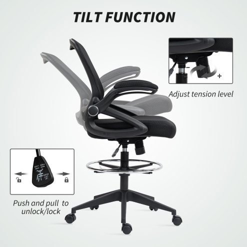 Vinsetto Drafting Chair with Flip-up Armrest, Mesh Office Stool with Foot Ring, 360 Degree Swivel Height Adjustable Chair for Standing Desk, Black