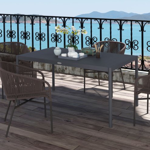Outsunny 145cm Garden Table, Rectangle Outdoor Dining Table for 6 People, with Steel Legs and Slatted Aluminium Top, for Balcony, Lawn, Dark Grey