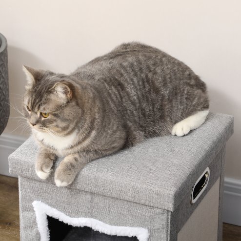 PawHut Cat House Cave, Cat Bed Cube with Scratching Pad, Soft Detachable & Washable Cushion, Toy Ball, for Indoor Kittens, Grey