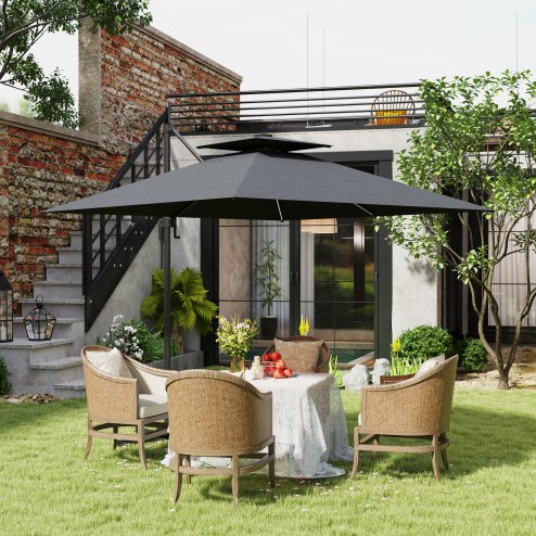 Outsunny 2.5m Cantilever Parasol with Solar Powered LED Lights, Double Top Square Overhanging Garden Parasol with 360 Rotation, Tilt Adjustment, Crank Handle, Dark Grey