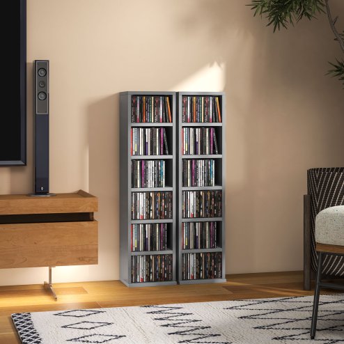 HOMCOM 204 CD Media Display Shelf Unit Set of 2 Blu-Ray Tower Rack w/ Adjustable Shelves Bookcase Storage Organiser, High Gloss Grey