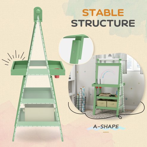 AIYAPLAY Art Easel for Kids with Paper Roll, 3 in 1 Kids Easel Double-Sided Magnetic Whiteboard and Chalkboard with Storage Baskets, for Children 3-6 Years - Green