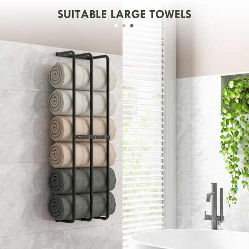 HOMCOM Towel Rack Wall Mounted, Metal Towel Rail Holds Up to 6 Large Size (150 x 100cm) Rolled Towels, 3 Bar Towel Storage for Bathroom, 21 x 12 x 74cm, Black