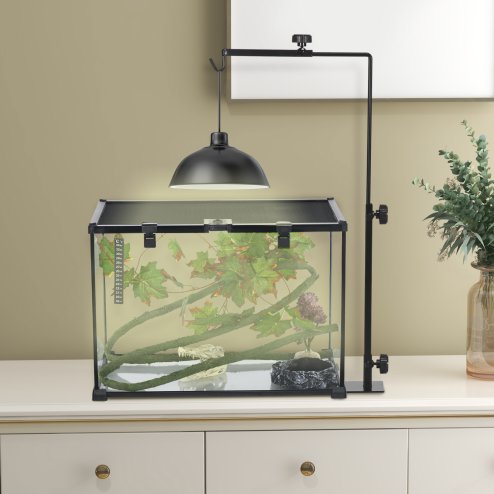 PawHut Reptile Lamp Stand, Adjustable Height and Width Heat Lamp for Reptile Amphibian Terrariums, Light Stand with Hook Hanging Steel Base - Black