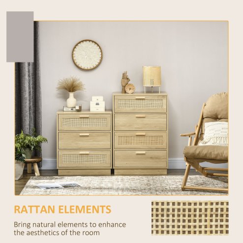 HOMCOM Bedroom Chest of Drawers, Boho Rattan Dresser with 4 Drawers, Storage Cabinet for Living Room, Hallway, Entryway, Natural Wood Finish