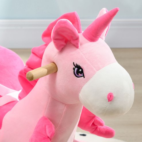 HOMCOM Rocking Horse, Kids Plush Ride on Unicorn with Songs, Wooden Base, Seat Belt, for Toddlers 18-36 Months, Pink