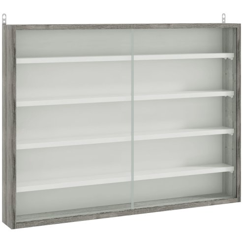 HOMCOM 5-Tier Wall Mounted Display Cabinet, Display Case with 4 Adjustable Shelves, Glass Doors for Home Office Ornaments 60x80cm, Grey Wood Grain
