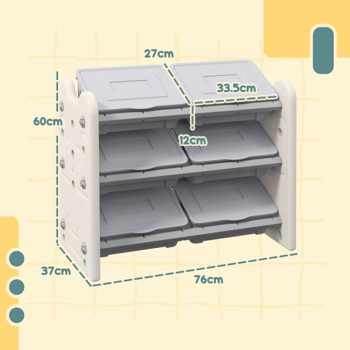 AIYAPLAY Kids Toy Storage Units, 3 Tier Toys Storage Organiser with 6 Storage Boxes, for Bedroom, Playroom, Nursery, 76 x 37 x 60cm, Grey