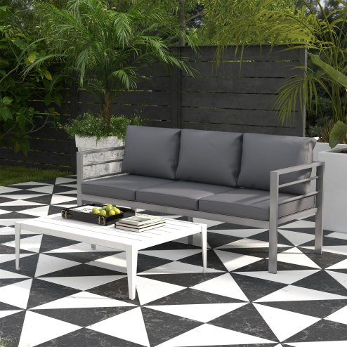 Outsunny Garden Bench with Cushions, 3-Seater Sofa, Aluminium Frame Outdoor Furniture with Backrest, Armrest and Back Cushions, 185 x 66 x 64cm, Grey