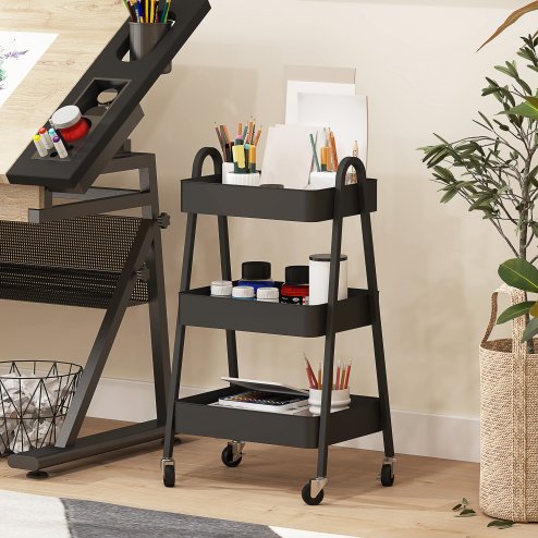 HOMCOM 3-Tier Storage Trolley on Wheels, Rolling Utility Cart with Handles, Mobile Kitchen Storage Cart for Living Room, Dining Room, Bedroom, Bathroom