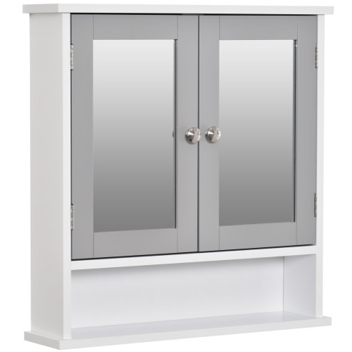 kleankin Mirror Cabinet Wall Mounted with Double Mirrored Doors, Hanging Cabinet with Cupboard and Shelf, Bathroom Wall Storage Organiser