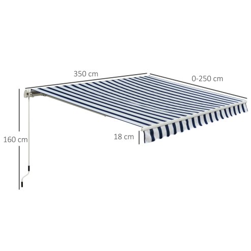 Outsunny 3.5 x 2.5m Garden Patio Retractable Manual Awning Canopy, Adjustable Sun Shade Shelter with New Winding Handle - Blue/White