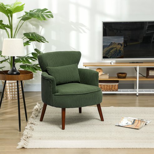 HOMCOM Modern Armchair, Upholstered Corduroy Accent Chair with Thick Padded Seat, Lumbar Pillow, Rubber Wood Legs, Cuddle Chair for Living Room Bedroom Office, Green