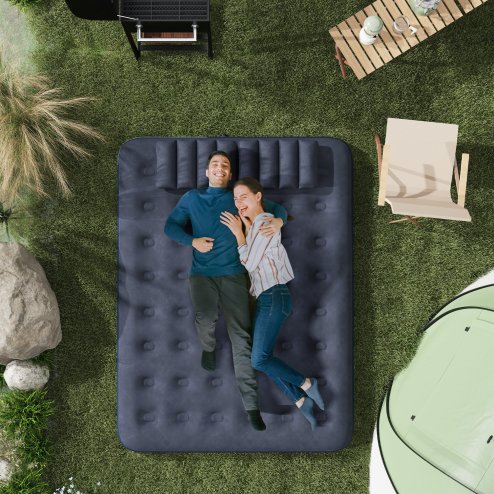 Outsunny King Size Air Bed with 2 Pillows, Hand Pump, Inflatable Mattress with Flocked Surface for Guest, Camping, Travel, 203 x 152 x 22cm