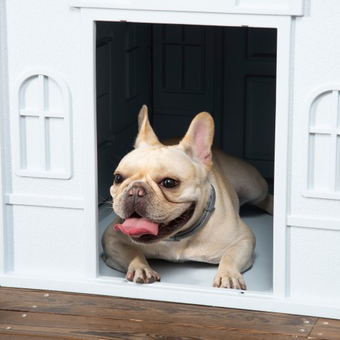 PawHut Plastic Dog House Outdoor Indoor, Weather-Resistant Dog Kennel, with Large Opening, for Medium Dogs, 65 x 75.7 x 63cm - White and Blue