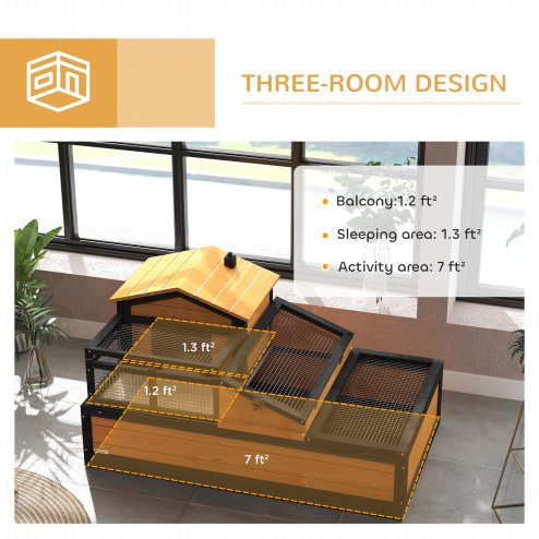 PawHut Tortoise House 3-Room Wooden Tortoise Enclosure Large Reptile Cage with 2 Stories, Ladder, Balcony, Tray, Openable Roof, 60H x 112L x 65Wcm, Yellow