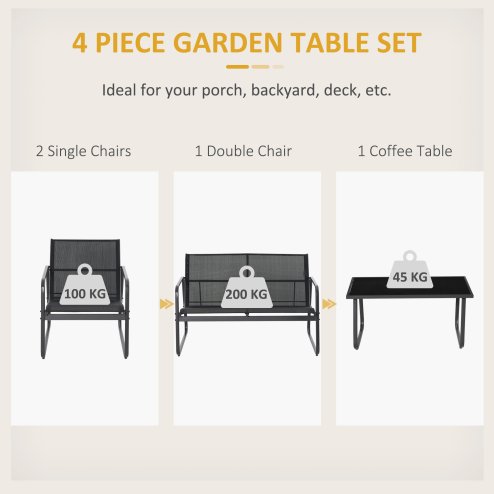Outsunny 4 Piece Garden Furniture Set Outdoor Patio Sofa Set with Double Chair, Single Chairs and Glass Top Table for Terrace and Balcony