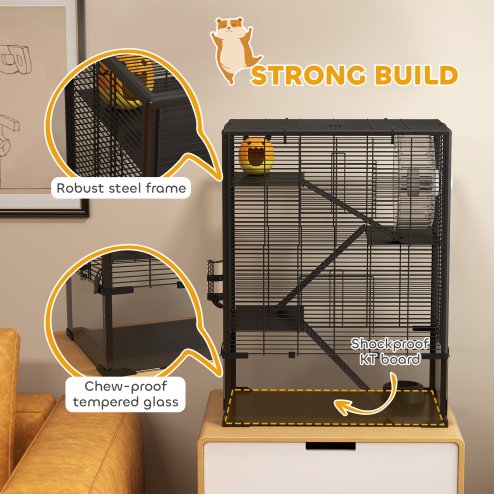 PawHut Hamster Cage with Deep Tempered Glass Bottom, 4 Tier Large Hamster Tank with Hut, Running Wheel, Platforms, Ramps, Food Dish, Water Bottle, for Syrian, Dwarf, Rats, Gerbils, 60 x 40 x 80cm