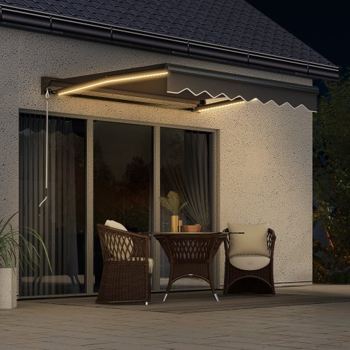 Outsunny 3 x 2.5m Electric Awning with LED Light and Remote Controller, Aluminium Frame Retractable Awning Half Cassette Sun Canopies for Garden Patio Deck Door Window