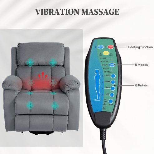 HOMCOM Power Lift Riser and Recliner Chair with Vibration Massage and Heat, Leathaire Fabric Electric Lift Chair for Elderly with Remote Controllers, Side Pocket, Pocket Spring, Grey