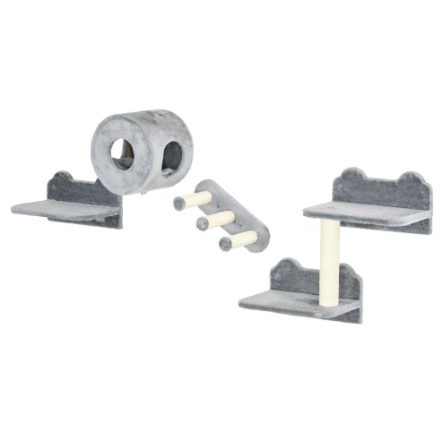PawHut 4PCs Wall Mounted Cat Tree, Cat Wall Furniture with Platforms, Steps, Scratching Post, Perch, Cat House for Indoor Cats - Grey