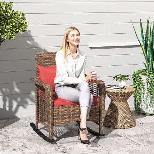 Outsunny Garden Rocking Chair, Outdoor Rattan Rocker Lounge Chair with Seat and Back Cushions, Patio Armchair Seat with All-weather Wicker, Steel Frame for Porch Balcony, Red