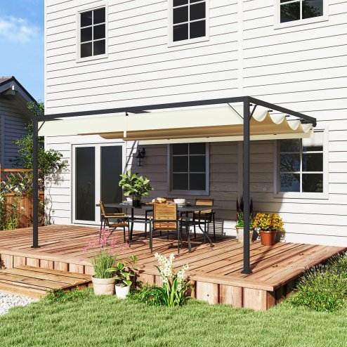 Outsunny 4 x 3(m) Outdoor Lean To Pergola Retractable Canopy Wall Mounted Gazebo Patio Shelter Sun Shade, Cream White