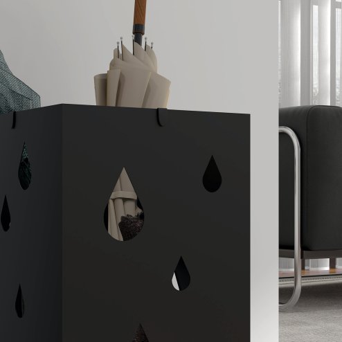 HOMCOM Steel Umbrella Stand, Square Umbrella Holder with 4 Hooks and Removable Drip Tray, Hollowed Umbrella Basket for Hallway
