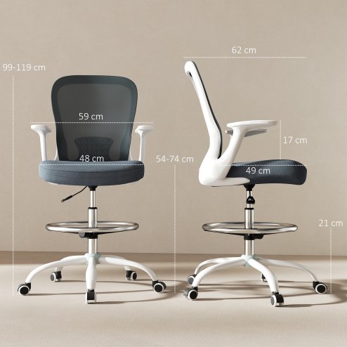 HOMCOM Drafting Chair, Swivel Draughtsman Chair, Ergonomic Office Chair, Mesh Standing Desk Chair with Flip-up Armrest, Lumbar Support, Adjustable Foot Ring, Grey