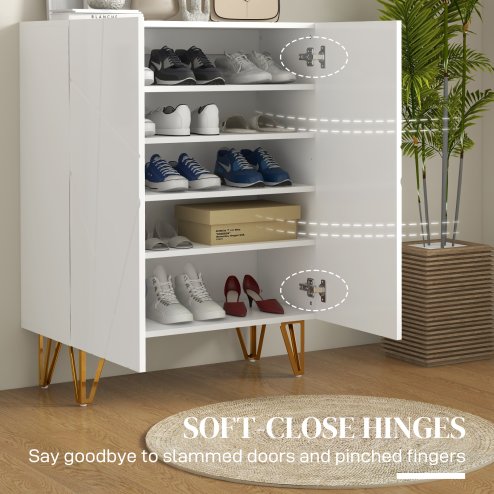 HOMCOM Narrow Shoe Cabinet with High Gloss, Slim Shoe Storage Cabinet with Soft-Close Hinges and Adjustable Shelves for 15-20 Pairs of Shoes