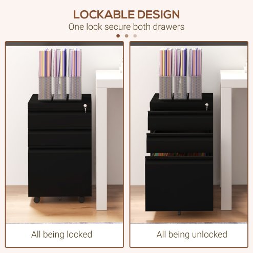 Vinsetto 3-Drawer Filing Cabinet with Lock, Mobile Steel File Cabinet for A4, Legal and Letter Size, Under Desk Drawers with Pre-Assembled Body for Home Office, 37 x 43.5 x 60 cm, Black